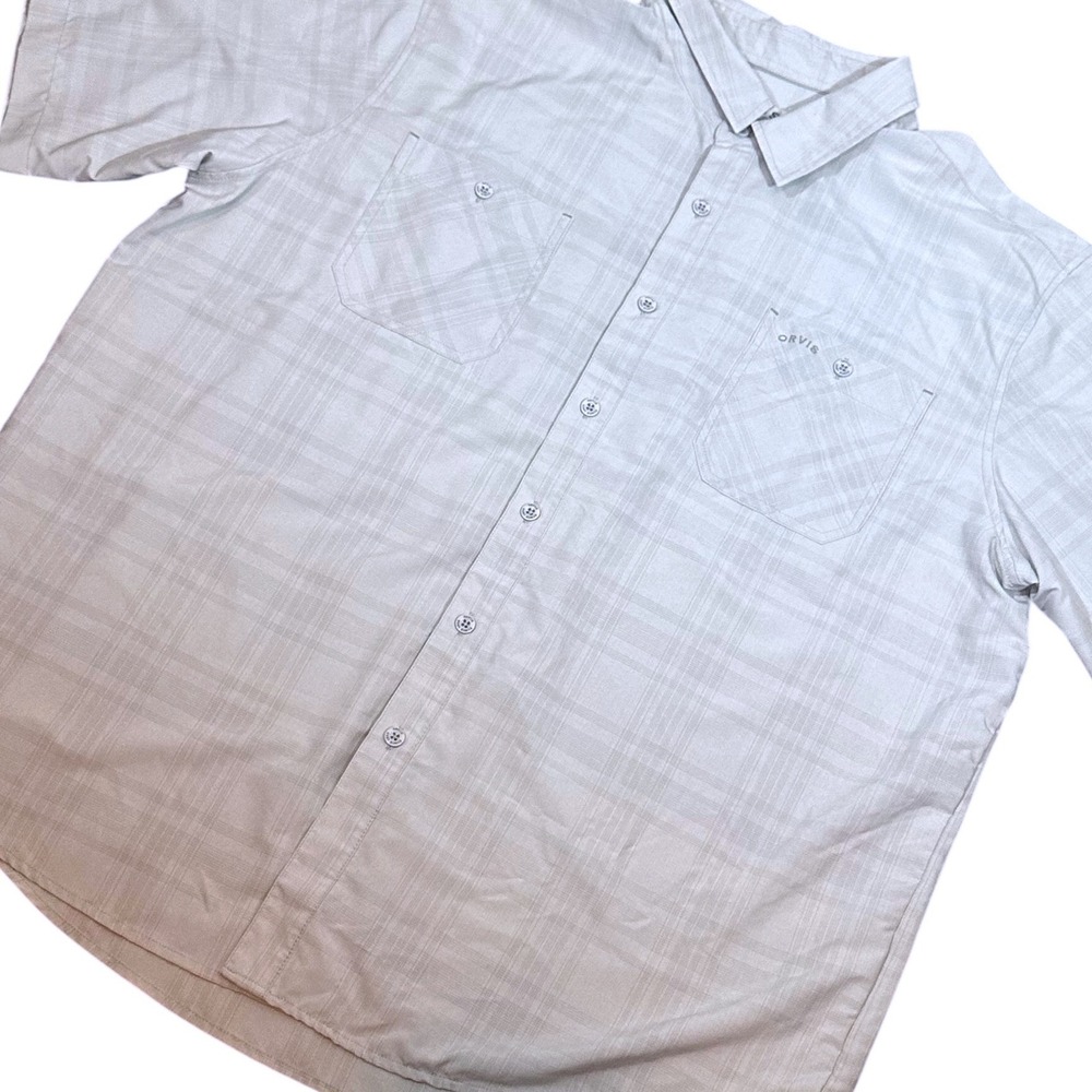 Orvis Shirt Mens XXL Light Grey‎ Plaid Performance Short Sleeve Button Down